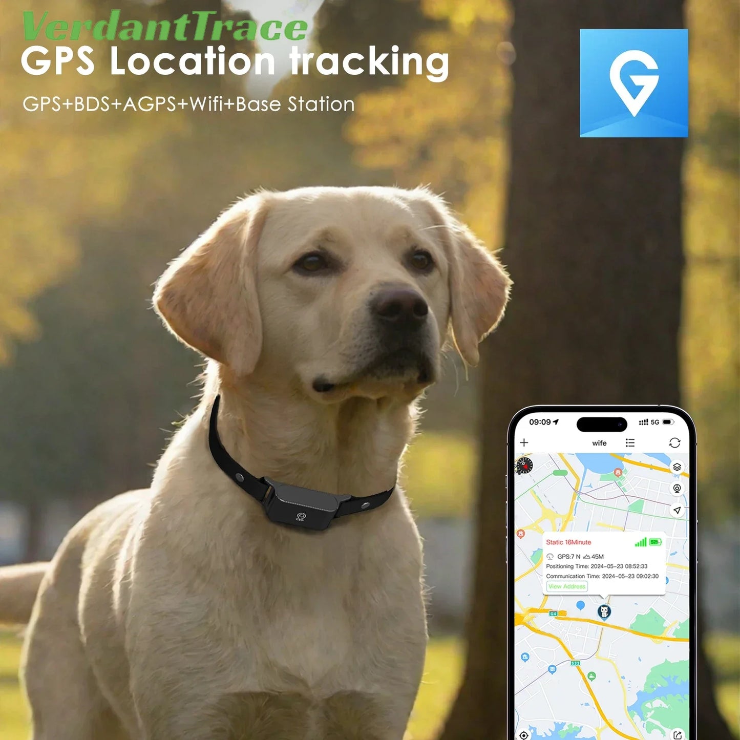 VerdantTrace Smart GPS Pet Collar – Waterproof 4G Tracker with Real-Time Location for Dogs & Cats