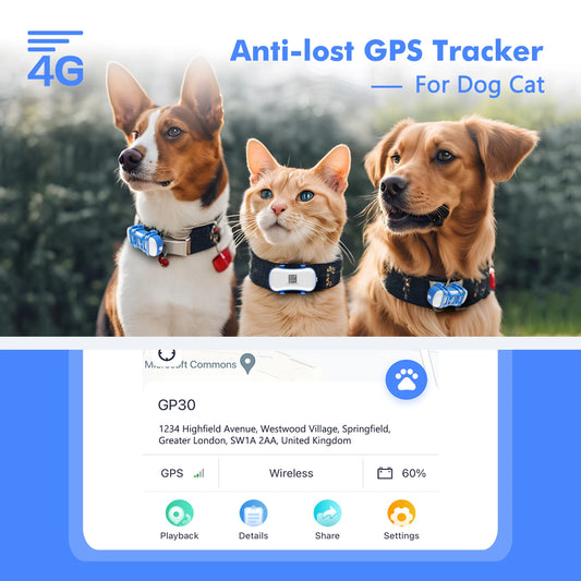 ‌4G Dog & Cat GPS Tracker - Waterproof Smart Locator with App, Live Tracking & Light/Sound Search