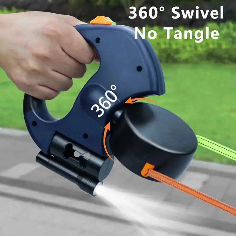 Dual Retractable Dog Leash 3m – 360° No-Tangle with LED Flashlight & Waste Bag Holder