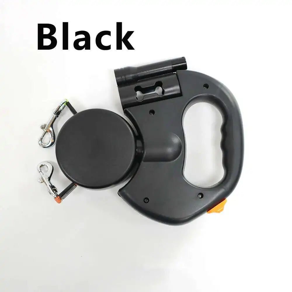Dual Retractable Dog Leash 3m – 360° No-Tangle with LED Flashlight & Waste Bag Holder