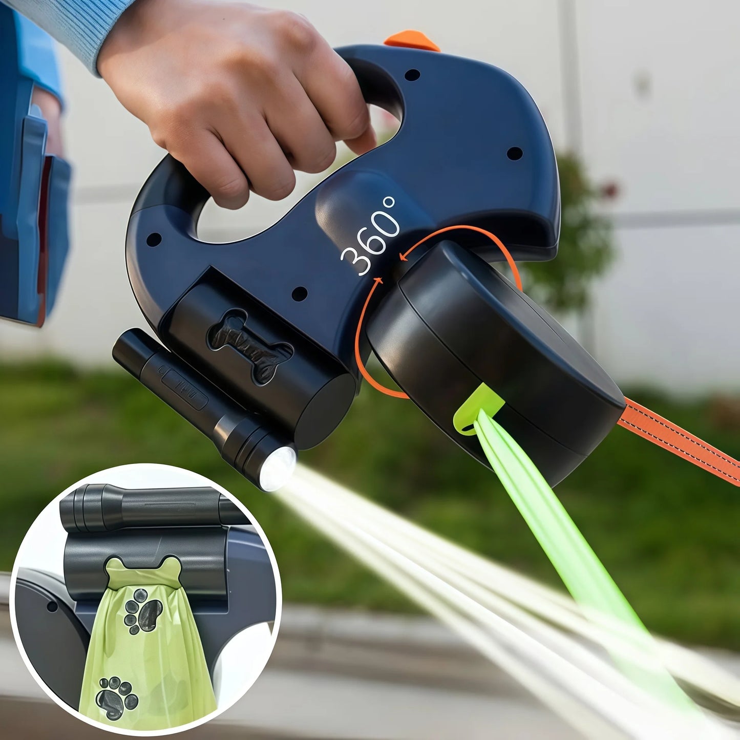 Dual Retractable Dog Leash 3m – 360° No-Tangle with LED Flashlight & Waste Bag Holder